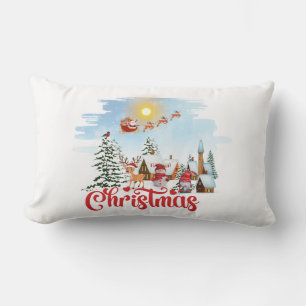 Cute Gnome, Snowman Celebrating Christmas Holiday Lumbar Cushion