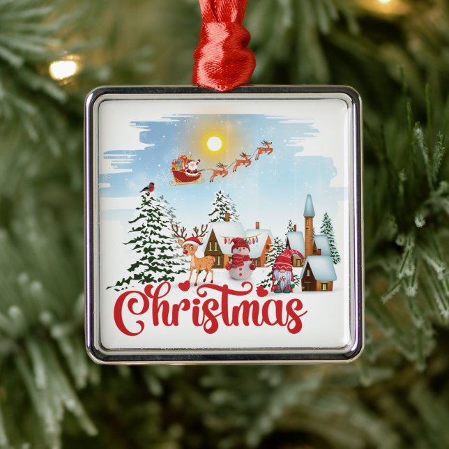 Cute Gnome, Snowman Celebrating Christmas Holiday Metal Ornament (Tree)