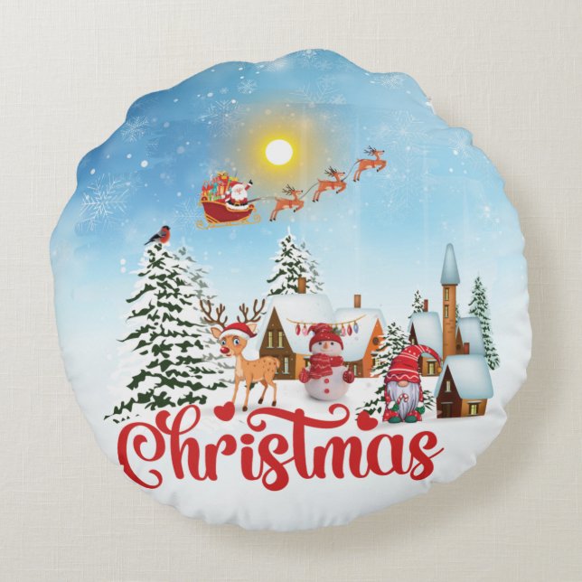 Cute Gnome, Snowman Celebrating Christmas Holiday Round Cushion (Back)