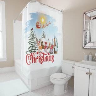 Cute Gnome, Snowman Celebrating Christmas Holiday Shower Curtain