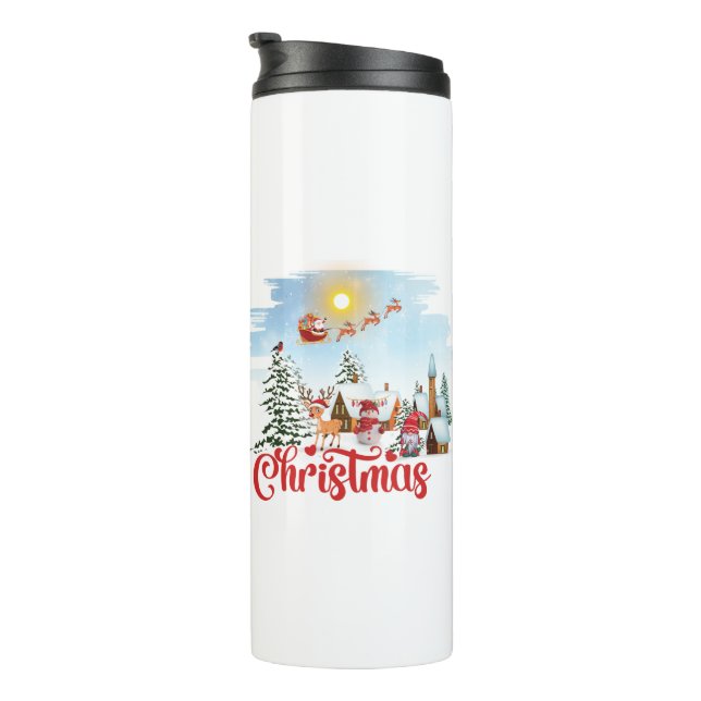 Cute Gnome, Snowman Celebrating Christmas Holiday Thermal Tumbler (Rotated Right)