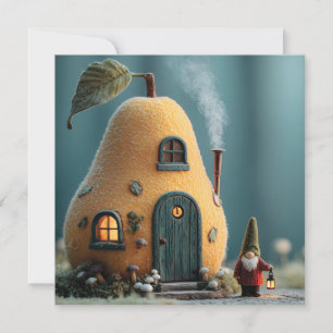 Cute Gnome Standing by a Pear Fairy Cottage Holiday Card