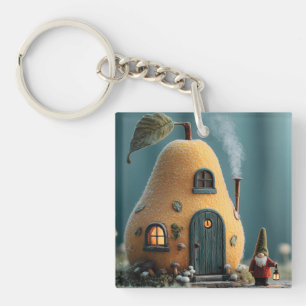 Cute Gnome Standing by a Pear Fairy Cottage Key Ring