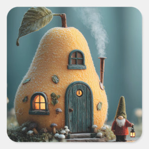 Cute Gnome Standing by a Pear Fairy Cottage Square Sticker