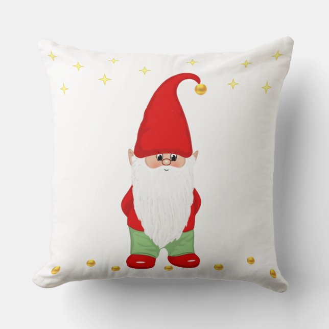 Cute Gnome, Stars and Gold Confetti on White Cushion (Front)