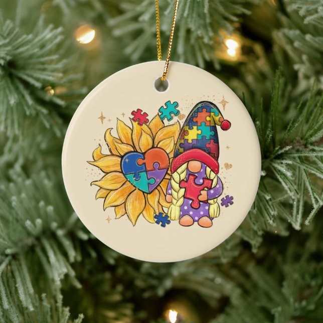 Cute Gnome, Sunflower & Heart Autism Awareness Ceramic Ornament (Tree)