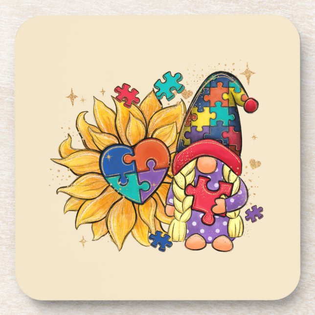 Cute Gnome, Sunflower & Heart Autism Awareness Coaster (Front)