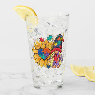 Cute Gnome, Sunflower & Heart Autism Awareness Glass