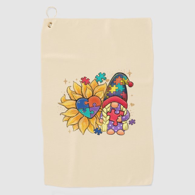 Cute Gnome, Sunflower & Heart Autism Awareness Golf Towel (Front)