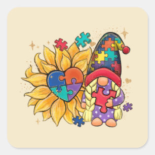 Cute Gnome, Sunflower & Heart Autism Awareness Square Sticker
