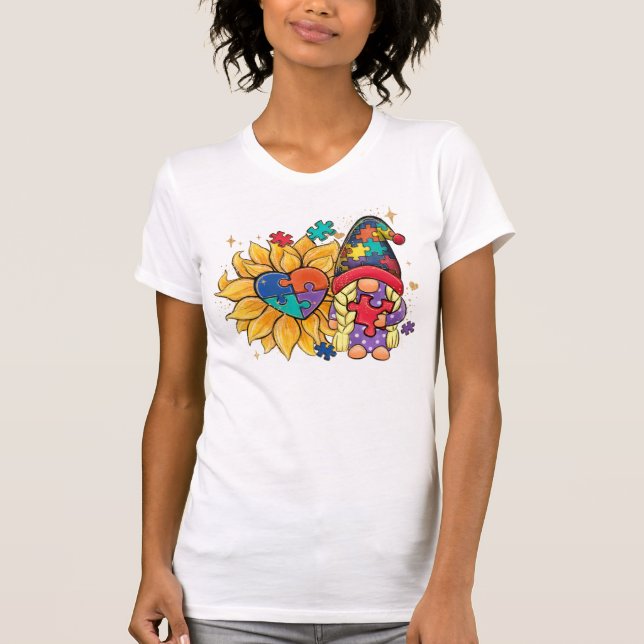 Cute Gnome, Sunflower & Heart Autism Awareness T-Shirt (Front)