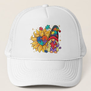 Cute Gnome, Sunflower & Heart Autism Awareness Trucker Hat