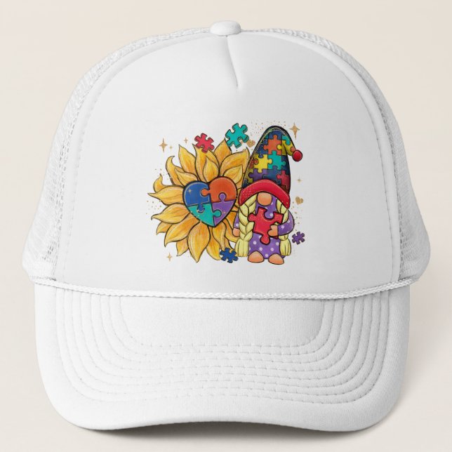 Cute Gnome, Sunflower & Heart Autism Awareness Trucker Hat (Front)