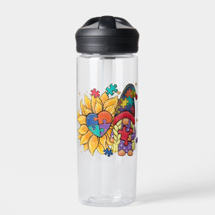 Cute Gnome, Sunflower & Heart Autism Awareness Water Bottle