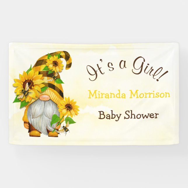 Cute Gnome Sunflowers Bees Baby Shower Banner (Horizontal)