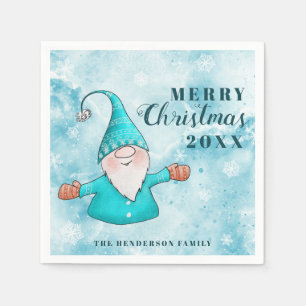Cute Gnome Teal Blue Coastal Merry Christmas Napkin
