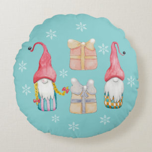 Cute Gnome Turquaise Blue Hand-painted Round Cushion