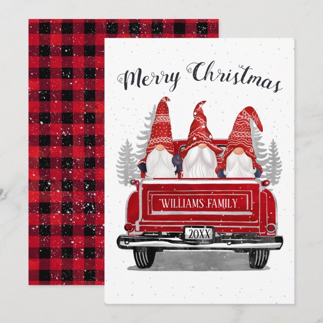 Cute Gnome Vintage Red Truck Plaid Merry Christmas Holiday Card (Front/Back)