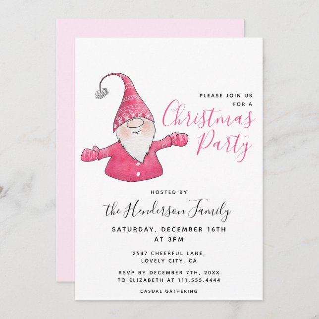 Cute Gnome White and Pink Christmas Party Invitation (Front/Back)