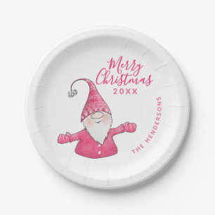 Cute Gnome White and Pink Custom Merry Christmas Paper Plate