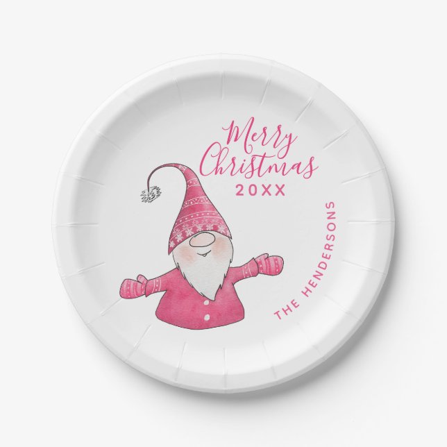Cute Gnome White and Pink Custom Merry Christmas Paper Plate (Front)