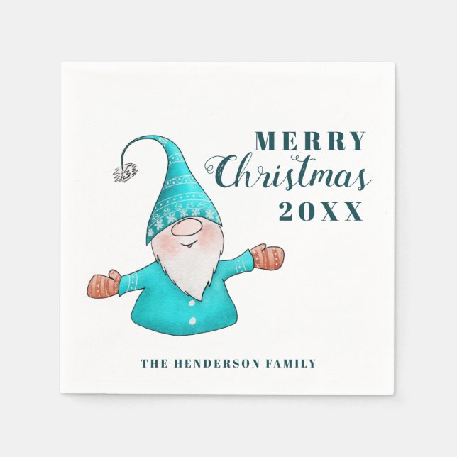 Cute Gnome White Teal Blue Coastal Merry Christmas Napkin (Front)