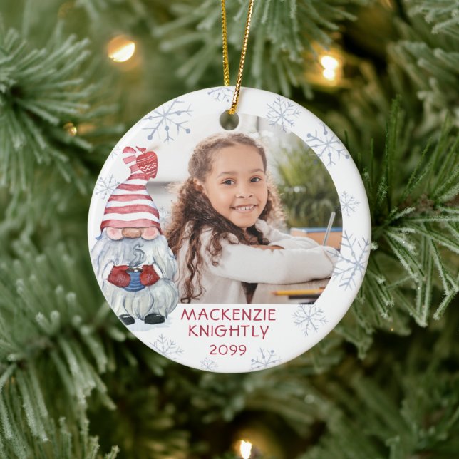 Cute Gnome Winter Snowflake 2 Photo Personalised Ceramic Ornament (Tree)