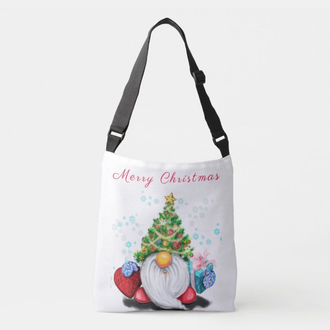 Cute Gnome with Christmas Tree Hat and Gift Crossbody Bag (Front)
