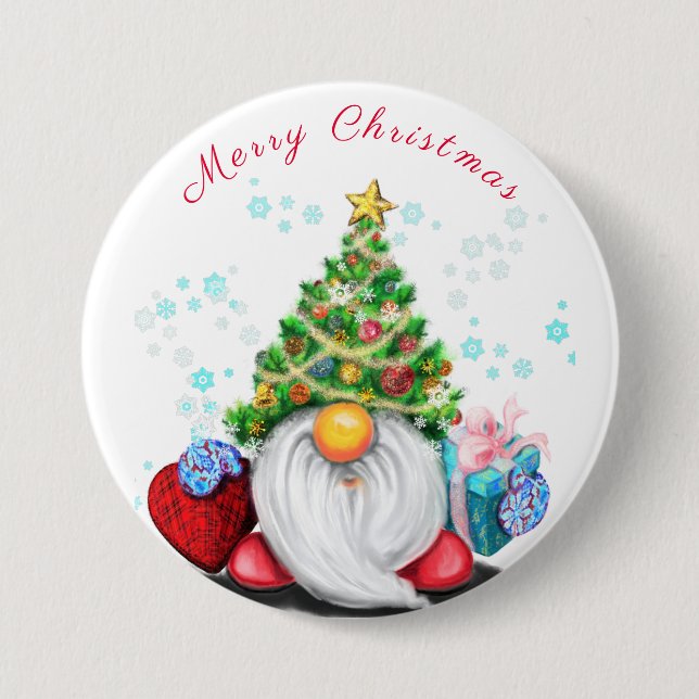 Cute Gnome with Christmas Tree Hat and Gift - Fun  7.5 Cm Round Badge (Front)