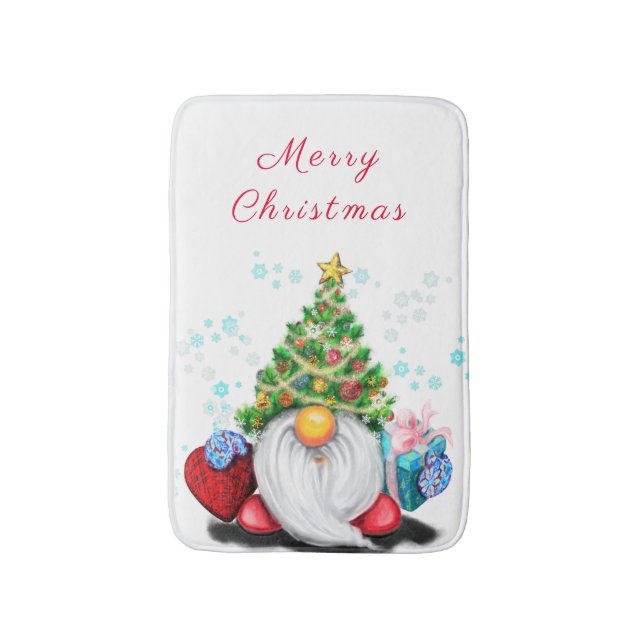 Cute Gnome with Christmas Tree Hat and Gift - Fun  Bath Mat (Front Vertical)