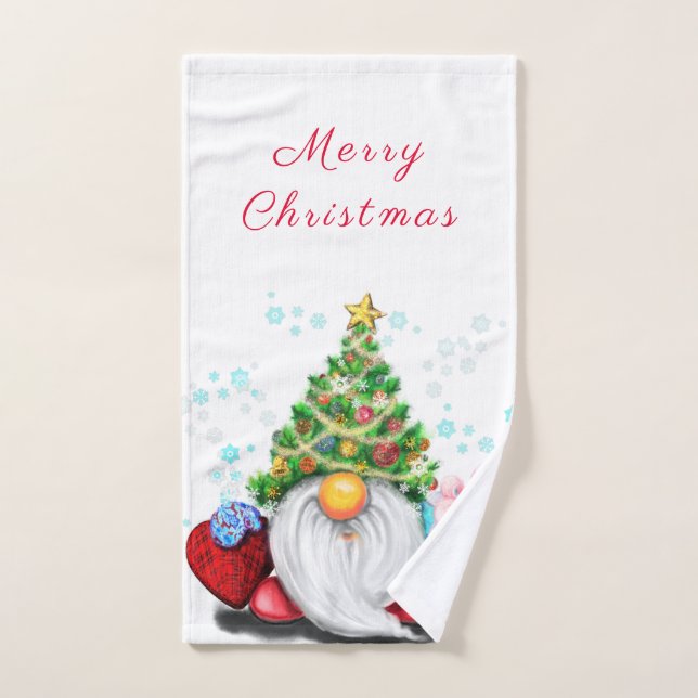 Cute Gnome with Christmas Tree Hat and Gift - Fun  Bath Towel Set (Hand Towel)