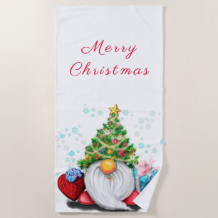Cute Gnome with Christmas Tree Hat and Gift - Fun Beach Towel