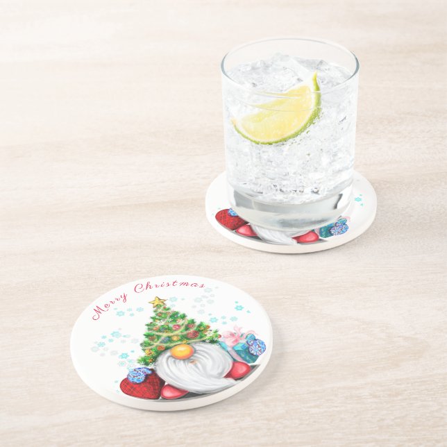 Cute Gnome with Christmas Tree Hat and Gift - Fun  Coaster (Side)
