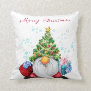 Cute Gnome with Christmas Tree Hat and Gift - Fun  Cushion