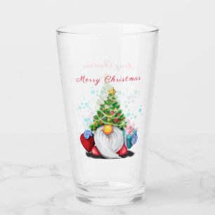 Cute Gnome with Christmas Tree Hat and Gift - Fun  Glass