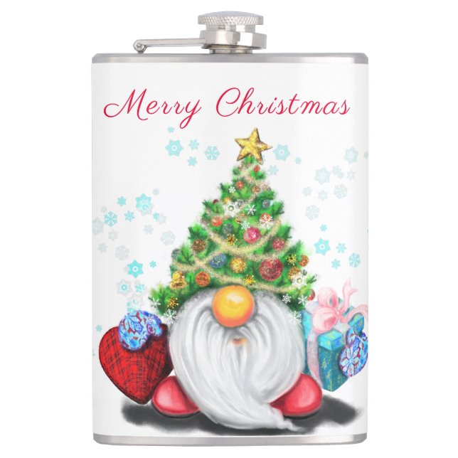 Cute Gnome with Christmas Tree Hat and Gift - Fun  Hip Flask (Front)