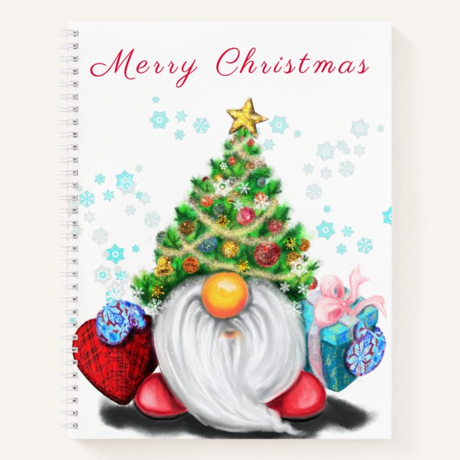 Cute Gnome with Christmas Tree Hat and Gift - Fun  Notebook (Front)