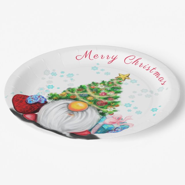Cute Gnome with Christmas Tree Hat and Gift - Fun  Paper Plate (Angled)