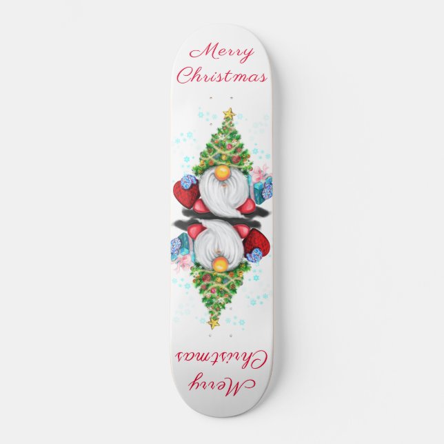 Cute Gnome with Christmas Tree Hat and Gift - Fun  Skateboard (Front)