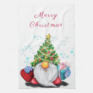 Cute Gnome with Christmas Tree Hat and Gift - Fun Tea Towel