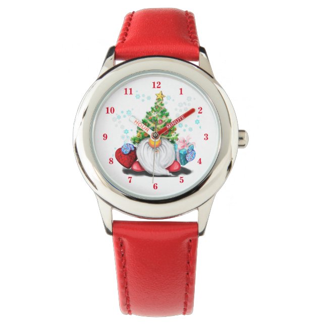 Cute Gnome with Christmas Tree Hat and Gift  Fun Watch (Front)