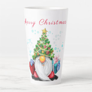 Cute Gnome with Christmas Tree Hat and Gift Latte Mug