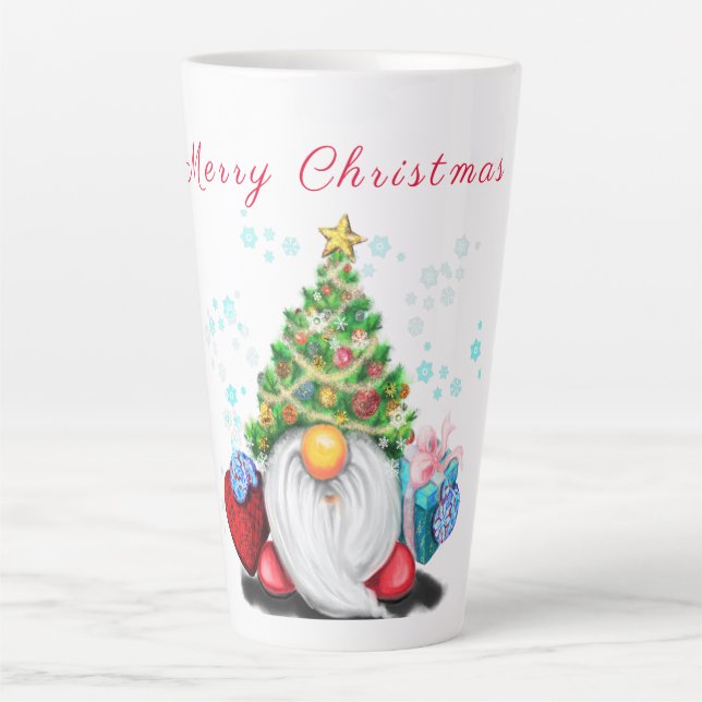Cute Gnome with Christmas Tree Hat and Gift Latte Mug (Front)