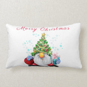 Cute Gnome with Christmas Tree Hat and Gift  Lumbar Cushion