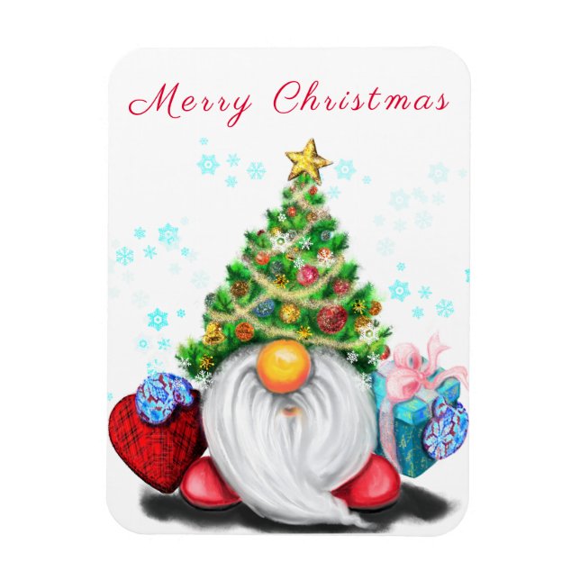 Cute Gnome with Christmas Tree Hat and Gift Magnet (Vertical)