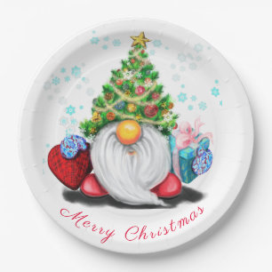 Cute Gnome with Christmas Tree Hat and Gift  Paper Plate