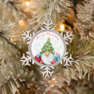 Cute Gnome with Christmas Tree Hat and Gift  Snowflake Pewter Christmas Ornament