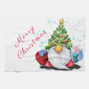 Cute Gnome with Christmas Tree Hat and Gift Tea Towel