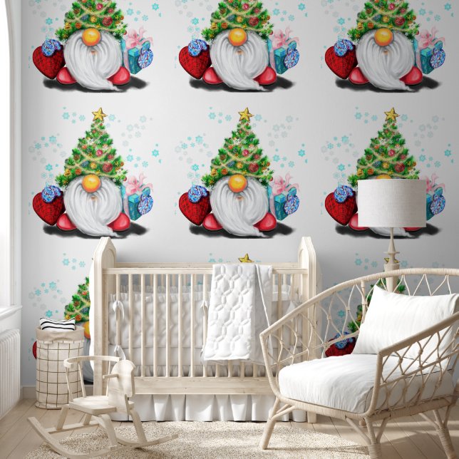 Cute Gnome with Christmas Tree Hat and Gift Wallpaper (Kids)