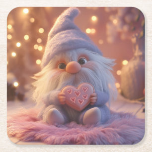 Cute Gnome with Heart: Valentine's Day Design Square Paper Coaster